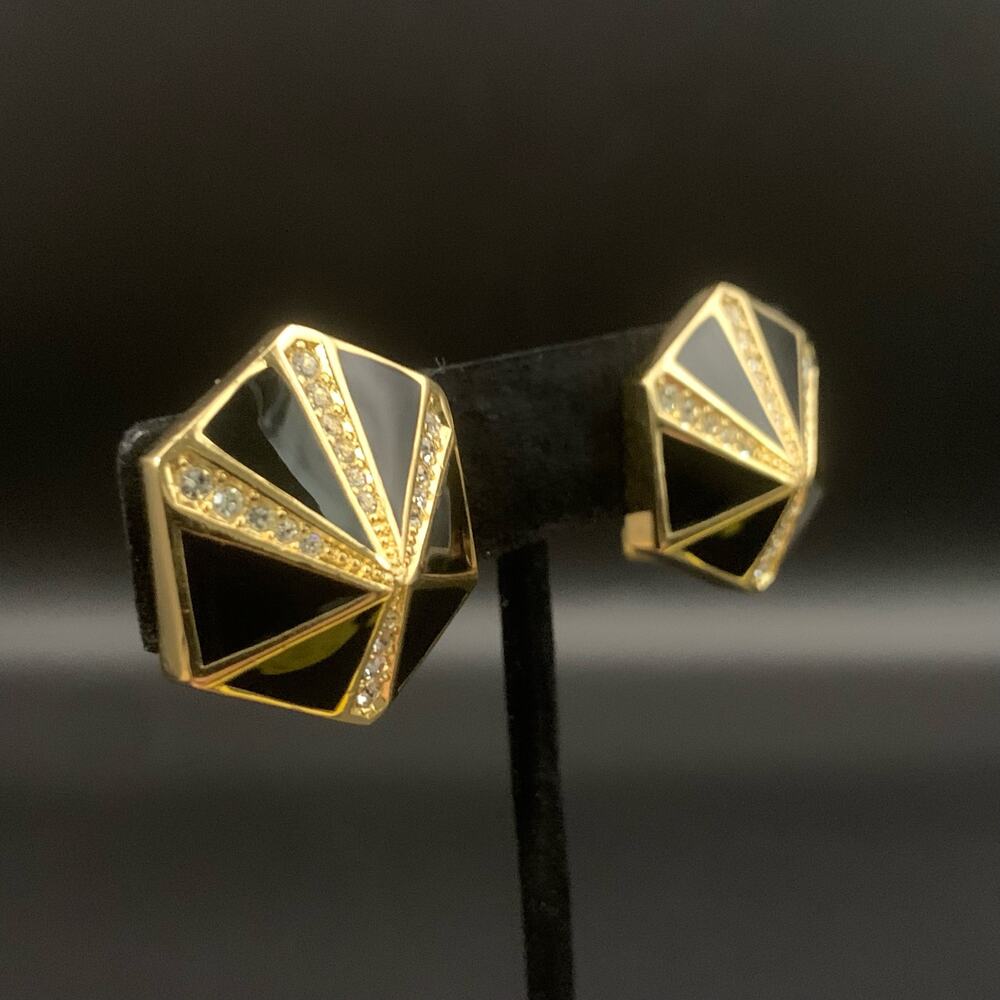 Vintage Christian Dior Gold & Black Enamel Rhinestone Geometric Earrings